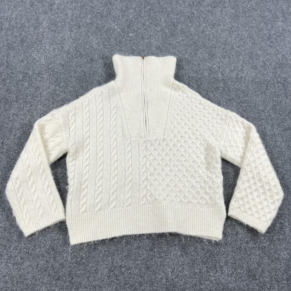 Abercrombie Fitch Sweater Womens Small White Cable Knit Half Zip Mock Neck